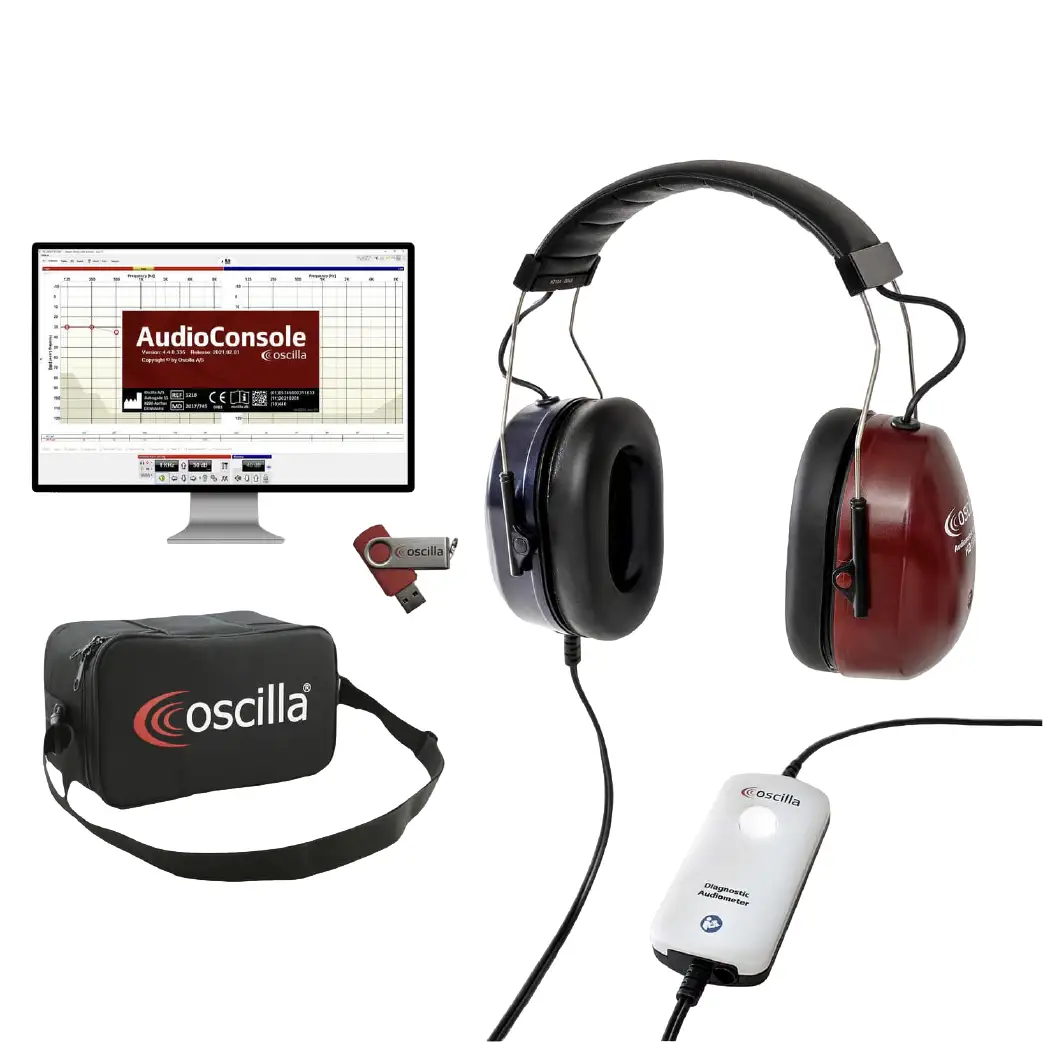 Oscilla A30 portable screening audiometer — product anatomy